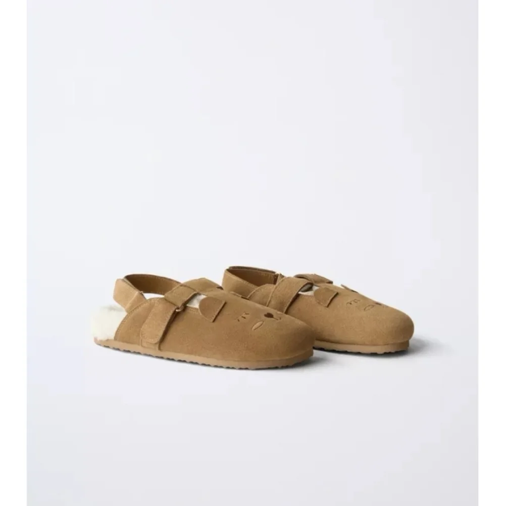 Zara Girls Tan Suede Leather Animal-Accent Sandals Clogs Sz-6